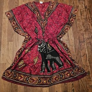 Women's Goa Red Elephant Print Poncho Blouse One Size Fits Most India Exotic